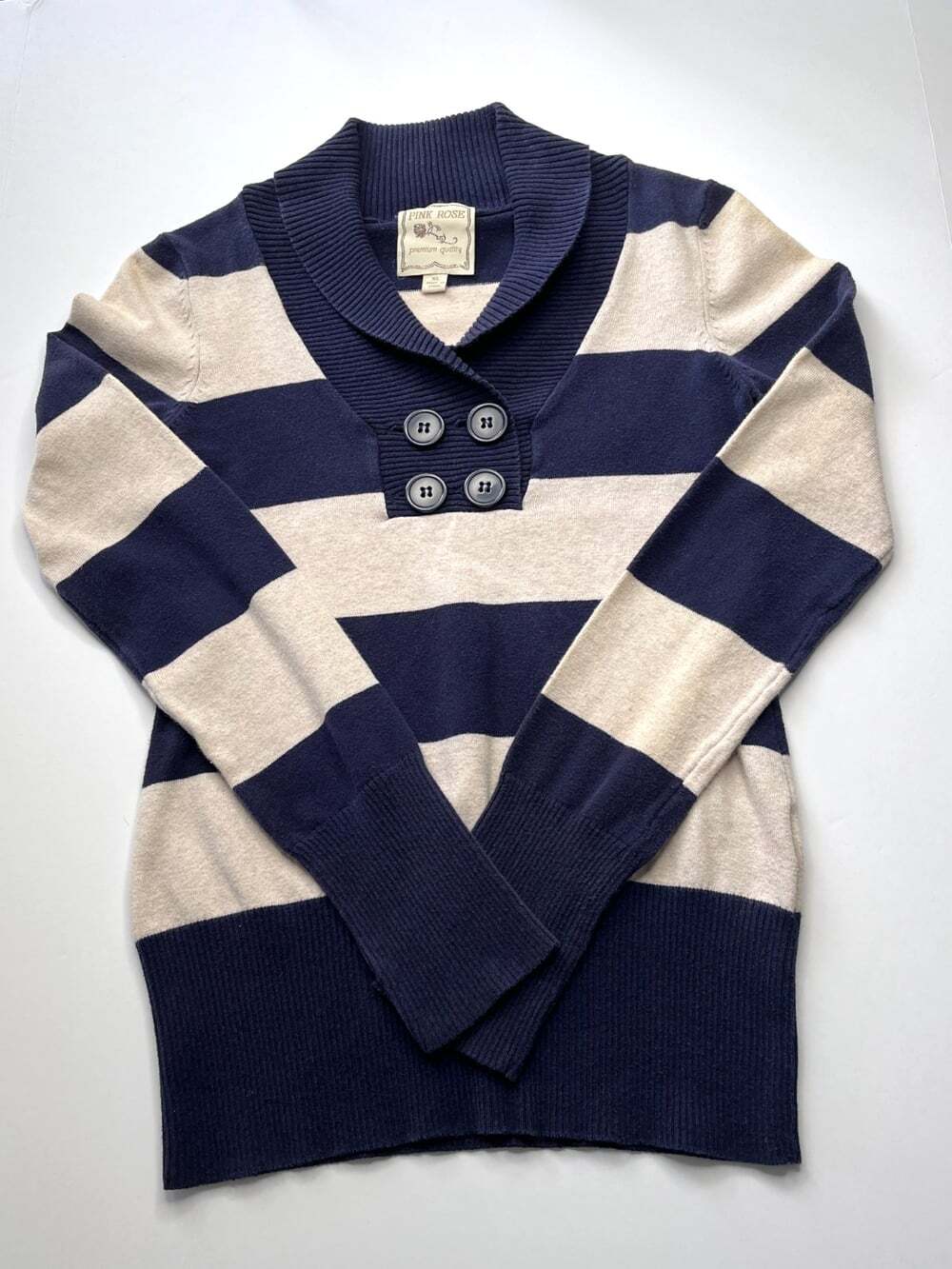 Women's Nautical Coastal Preppy Striped Top Shawl Collar size L Double Button